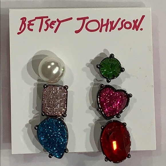 BETSEY JOHNSON 6 “Gemstone” SINGLE POST EARRINGS! Mismatch Glitter Crystal Pearl - Picture 2 of 3